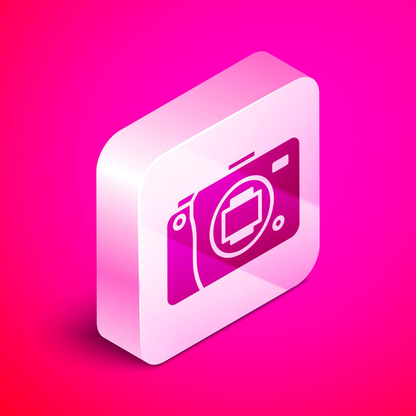 Isometric Mirrorless camera icon isolated on pink background. Foto camera icon. Silver square button. Vector Illustration - Вектор,изображение