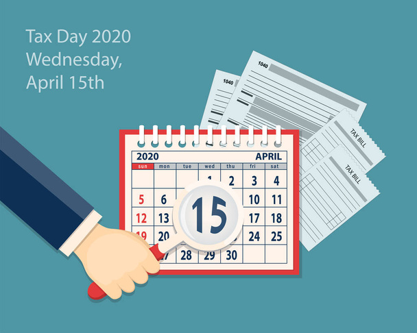 A spirál naptár oldala 2020. április, férfi kéz keresés 15. nagyítóval és adóbevallással. Üzleti koncepció lapos vektor illusztráció az amerikai adónap üzleti ikonok kék háttér. 10. rész - Vektor, kép