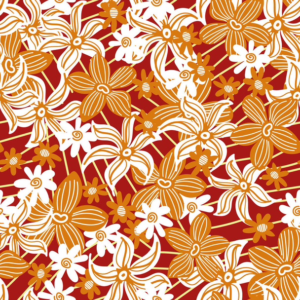 rust orange red and white graphic floral seamless vector pattern - Vektör, Görsel