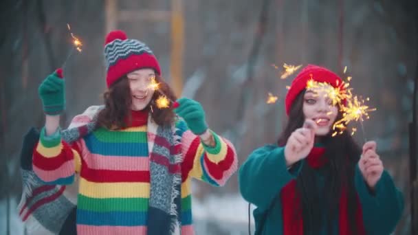 Twee jonge vrolijke vrouwen staan buiten met verlichte sterren - Video