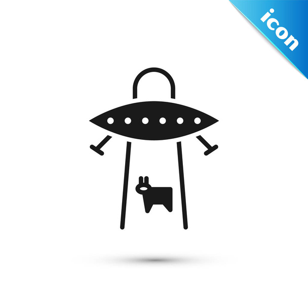 Grey UFO abducts cow icon isolated on white background. Flying saucer. Alien space ship. Futuristic unknown flying object. Vector Illustration - Vector, Image