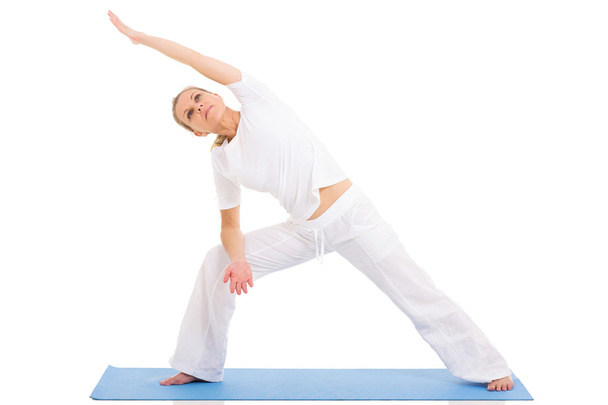 senior woman yoga on white background - Zdjęcie, obraz