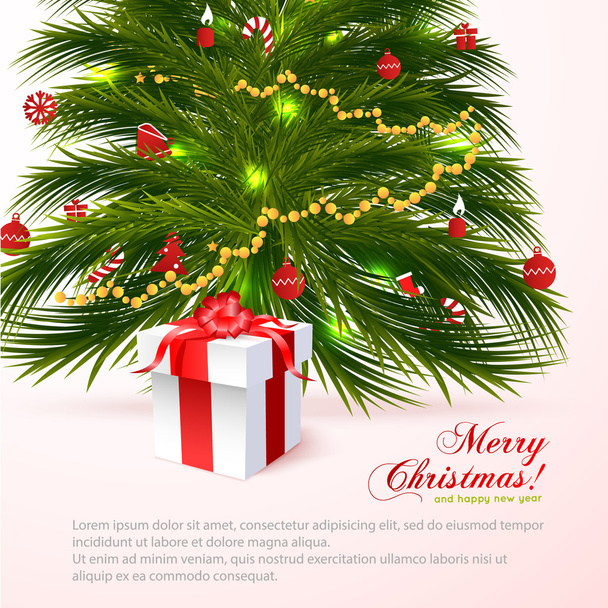 Hermoso árbol de Navidad con regalo rojo aislado sobre fondo blanco. ¡Feliz Navidad! Para su diseño y negocio
 - Vector, imagen