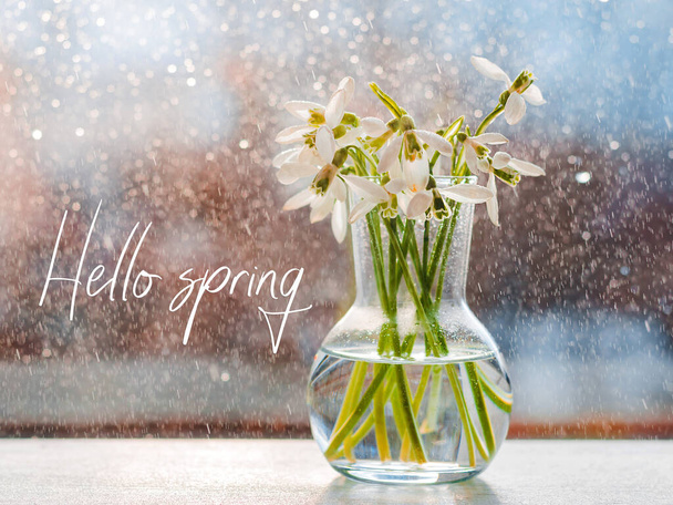 Beautiful bouquets of snowdrops in glass in the rays of the spring sun on the windowsill with flying drops of water. free space, background with beautiful bokeh drops - Φωτογραφία, εικόνα