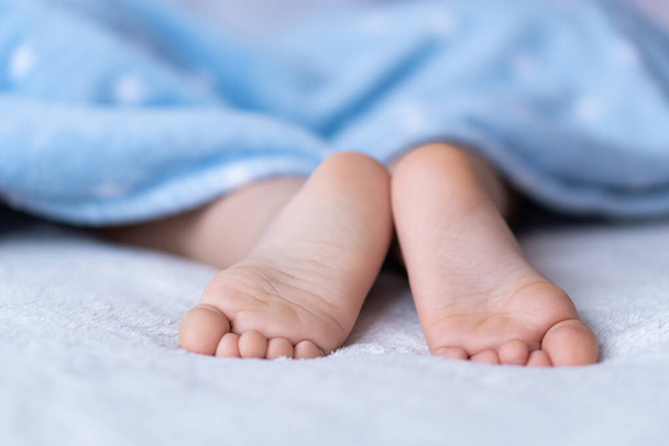 Heels and toes on bed. Heels and feets. Childrens feet. Barefeet on the bed. Kids feet in bed. Kids taking a rest focus on barefeet. Childrens bare feet look out from under the blue blanket. Bare - Foto, imagen