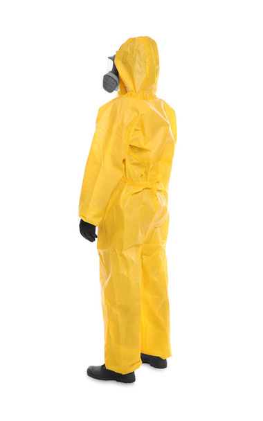 Woman wearing chemical protective suit on white background. Virus research - Photo, image