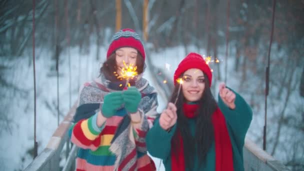 Zwei junge lächelnde Frauen spielen mit Wunderkerzen und blicken in die Kamera - Filmmaterial, Video