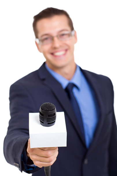 journalist with microphone interviewing - 写真・画像