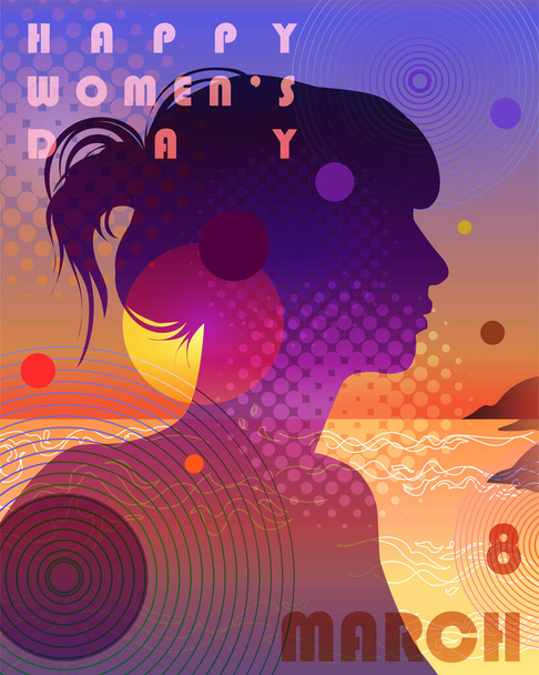 Εικονογράφηση αφιερωμένη στην Παγκόσμια Ημέρα της Γυναίκας. Κομψή σιλουέτα μιας νεαρής γυναίκας στις ακτίνες του ηλιοβασιλέματος δίπλα στη θάλασσα. Το κορίτσι έχει μακρύ λαιμό και μαλλιά. Όμορφες κλίσεις. - Διάνυσμα, εικόνα