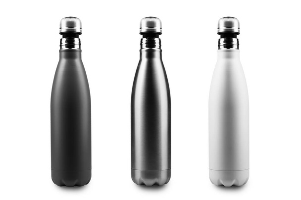 Black, white and silver, stainless thermo bottles with mockup and half open cap, for water or another liquid. Steel bottle, no plastic. Isolated on white background. - Photo, Image