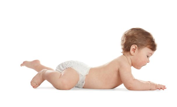 Cute little baby in diaper on white background - Foto, afbeelding