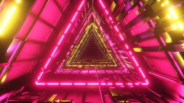 Hermoso túnel de triángulo abstracto con líneas de luz púrpura moviéndose rápido. Fondo corredor futurista con luces de neón. ilustración 3d
 - Foto, Imagen
