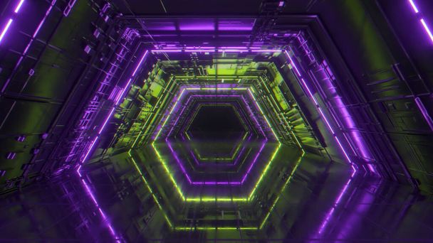 Lentää kirkkaassa neongeometrisessa tunnelissa. Tulevaisuuden teknologia. Moderni värivalikoima. Huoneen sisustus hehkuva neon loistelamput. Futuristinen arkkitehtuurin tausta. 3d kuva
 - Valokuva, kuva