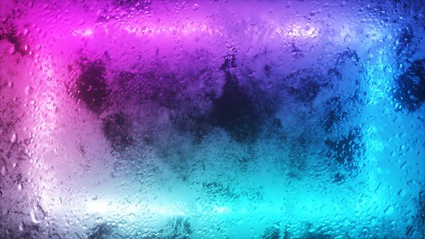 Un brillante rectángulo de neón destella a través de una ventana de niebla. Gota de agua en la ventana. ilustración 3d
 - Foto, Imagen