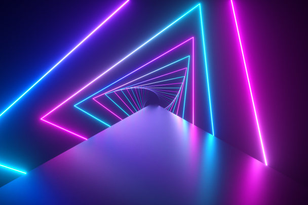 Fliegen durch leuchtende rotierende Neon-Dreiecke, die einen Tunnel schaffen, blau lila rosa violettes Spektrum, fluoreszierendes ultraviolettes Licht, moderne bunte Beleuchtung, 3D-Illustration - Foto, Bild