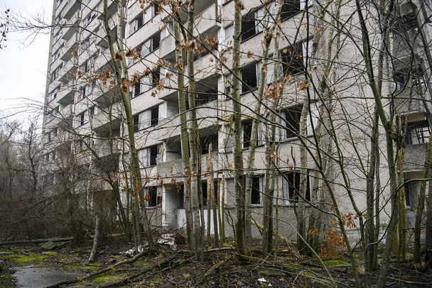 Εγκαταλελειμμένη πόλη φάντασμα Prypiat. Παρόχθια δέντρα και καταρρέοντα κτίρια στη ζώνη αποκλεισμού των χορωδιών.  - Φωτογραφία, εικόνα
