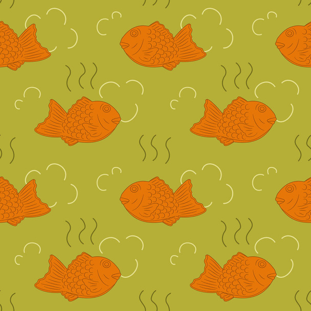 Steaming hot Taiyaki, Japanese fish-shaped cake or Bungeo-ppang seamless pattern background. Cartoon hand drawn Japanese or Korean street food and snack, Asian food background. Great for wallpaper. - Vector, afbeelding