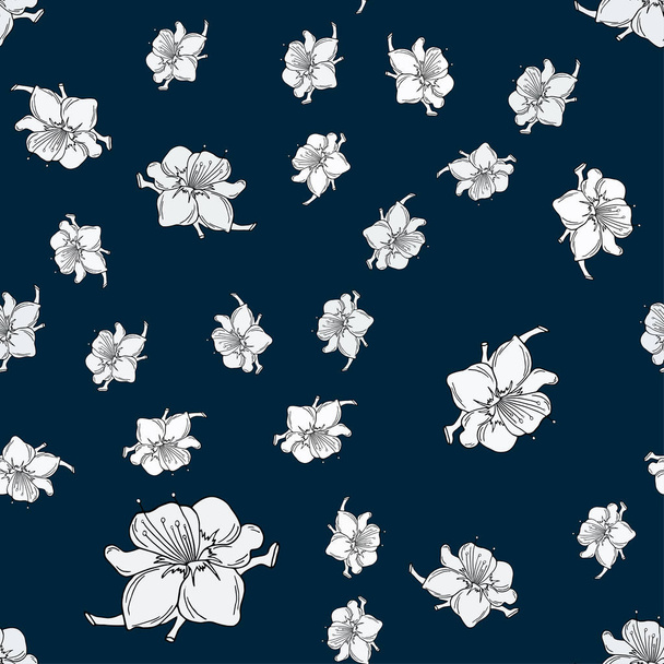 Cute pattern in a small flower. Sakura flowers, blooming Japanese cherry. The symbol of spring. Little flowers on a blue background. Floral seamless hand-drawn pattern. - Vector, Image