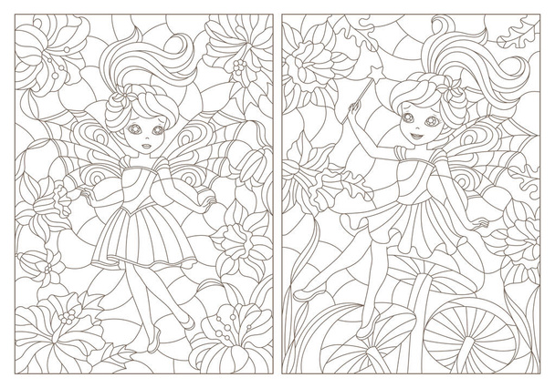 Набір контурних ілюстрацій вітражів з казками на фоні квітів, темні контури на білому тлі
 - Вектор, зображення
