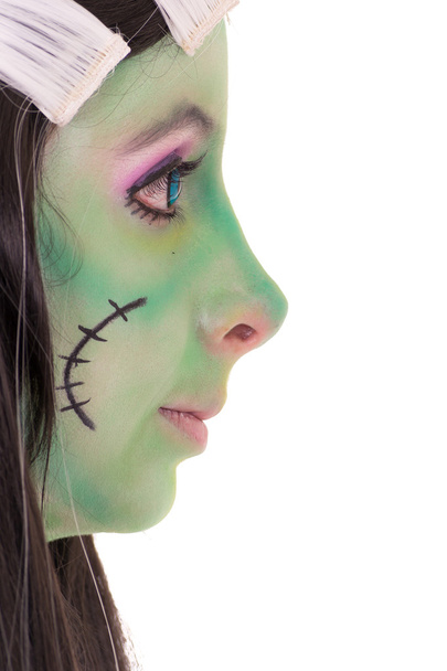 Costume Girl black and white hair style. Green face - Фото, зображення