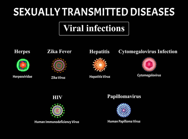 HIV, herpes, papillomavirus, AIDS, hepatit, sitomegalovirüs, Zika virüsü. Bir dizi viral enfeksiyon. Cinsel yolla bulaşan hastalıklar. Bilgi grafikleri. Vektör illüstrasyonu - Vektör, Görsel