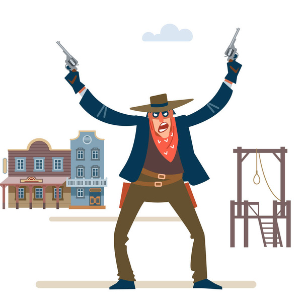 Cowboy-Western-Charakter Wild-West-Revolverheld mit zwei Pistolen. Gewehrschütze isoliert auf weißem Hintergrund. Vektor flache Zeichentrick-Illustration - Vektor, Bild