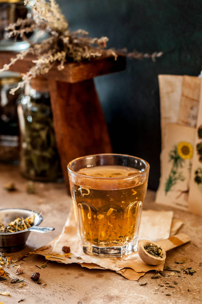 Herbal Tea in a Glass and Variety of Dried Herb Mixes, copy space for your text - Photo, Image