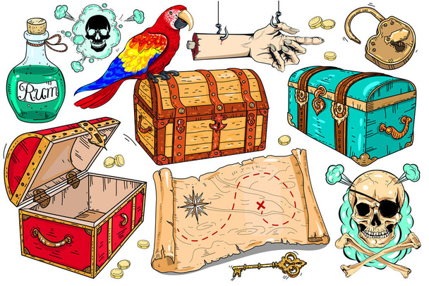 Conjunto vectorial de iconos sobre el tema de los piratas. Mapa del tesoro, diferentes cofres, cráneo y loro
. - Vector, imagen