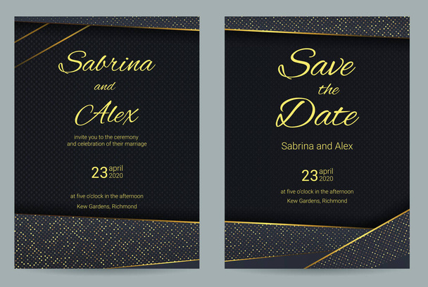 Luxe koolstof bruiloft uitnodiging. Set met uitnodiging en Save the date kaart op luxe carbon achtergrond. Bruidsset - Vector, afbeelding