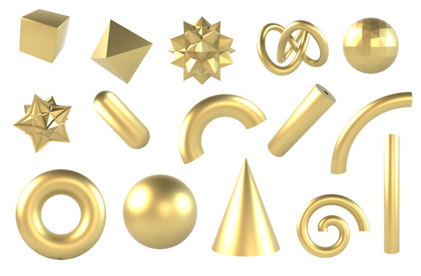 3d Altın Geometrik Şekiller kümesi. Beyaz arkaplanda izole edilmiş gerçekçi geometri ögeleri, - Fotoğraf, Görsel