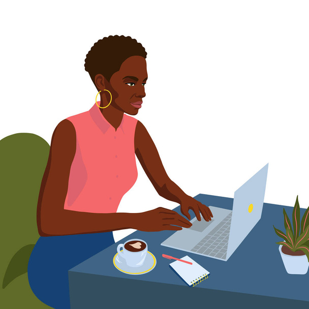 Płaska ręka rysowane młody afrykański biznes lady z laptopem, portret kobiety - Wektor, obraz
