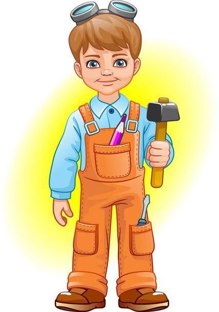 Dibujos animados niño constructor alegre con un martillo. Ilustración vectorial
 - Vector, imagen