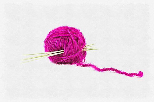 The ball of woolen threads with spokes is isolated on a white background. Oil paint on canvas. Picture with photo, imitation of painting. Illustration - Фото, изображение