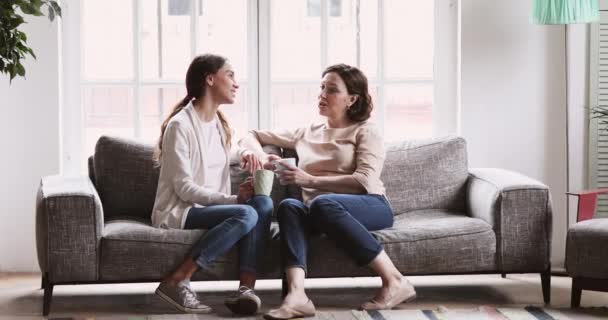 Happy older mother and adult daughter chatting in living room - Záběry, video
