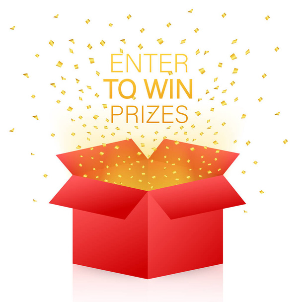 Enter to Win Prizes. Open Red Gift Box and Confetti. Vector stock Illustration - Vector, Image