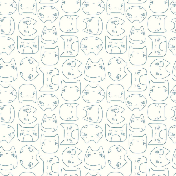 Kawaii cat pattern background. Cute vector seamless animal outline faces design. - Vektor, Bild