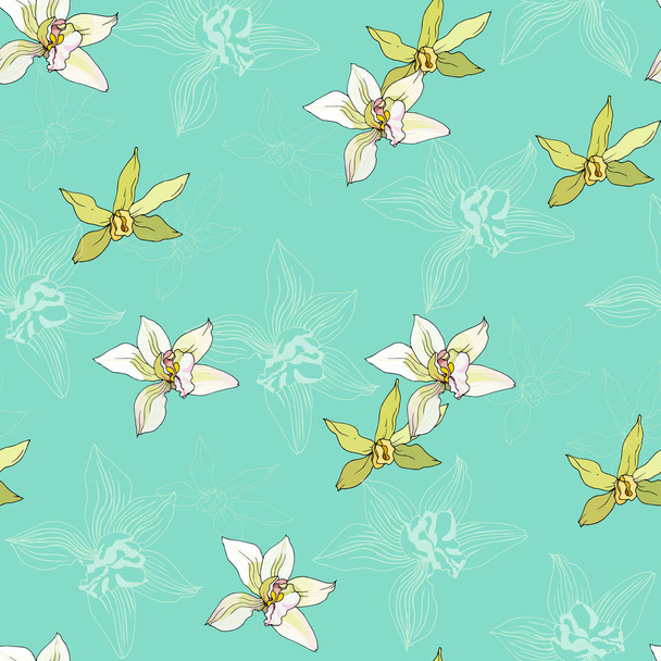 Тропічний бірюзовий квітковий візерунок. Векторний фон з жовтими ванільними квітами для дизайну банерів, запрошень, тканин і паперу
. - Вектор, зображення