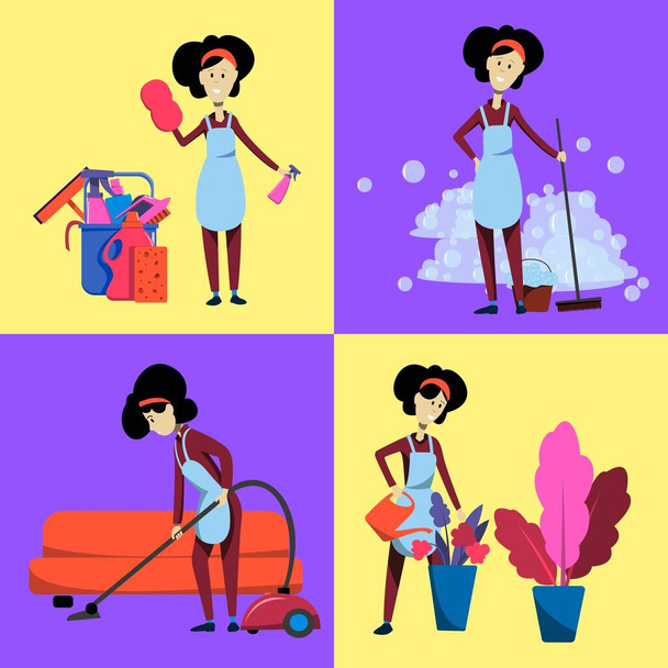 A set of cleaning girls, maids cleaning with a vacuum cleaner, dusting, standing on the background of soapy foam. Cleaning company advertisement. Flat vector illustration. - Vektori, kuva