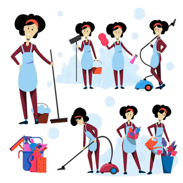 Set di ragazze di pulizia che svolgono diverse attività di pulizia. Illustrazione vettoriale piatto
. - Vettoriali, immagini