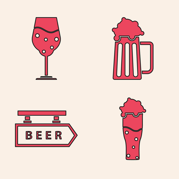 Σετ Ποτήρι μπύρας, Ποτήρι μπύρας, Ξύλινη κούπα μπύρας και πινακίδα Street με επιγραφή Beer icon. Διάνυσμα - Διάνυσμα, εικόνα