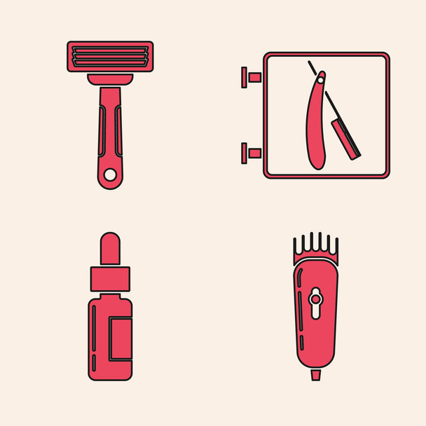Set Electrical hair clipper or shaver, Shaving razor, Barbershop with razor and Glass bottle with a pipette icon. Vector - Vector, Image