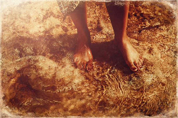 beautiful woman feet in water, old photo effect - Photo, Image