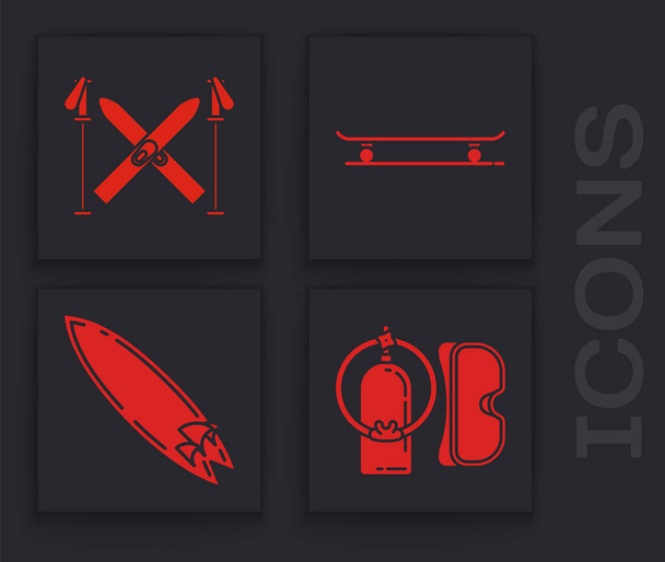 Set Máscara de buceo y aqualung, Esquí y palos, Skateboard y Surfboard icono. Vector
 - Vector, imagen