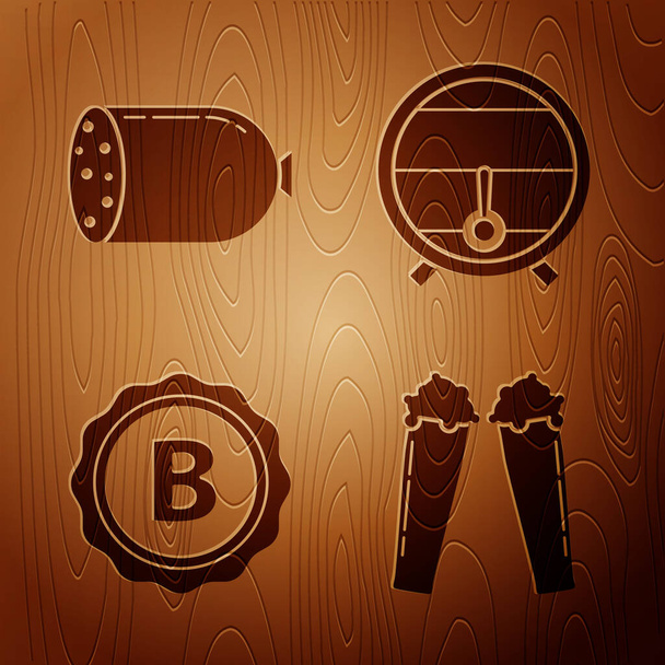 Set Verre de bière, saucisse de salami, bouchon de bouteille avec inscription bière et tonneau en bois sur support avec robinet sur fond en bois. Vecteur
 - Vecteur, image