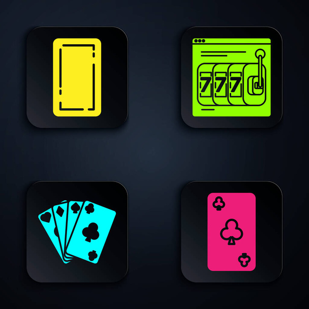 Set di carte da gioco con club simbolo, carte da gioco indietro, carte da gioco e slot machine online con fortunato sette jackpot. Pulsante quadrato nero. Vettore
 - Vettoriali, immagini