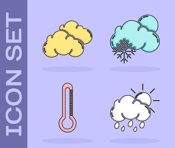 Ορισμός νέφους με βροχή και ήλιο, σύννεφο, θερμόμετρο και σύννεφο με το χιόνι και τον ήλιο εικονίδιο. Διάνυσμα - Διάνυσμα, εικόνα