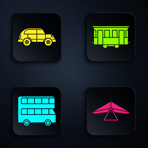 Set Hang glider, Hatchback car, Double decker bus and Old city tram. Black square button. Vector - ベクター画像