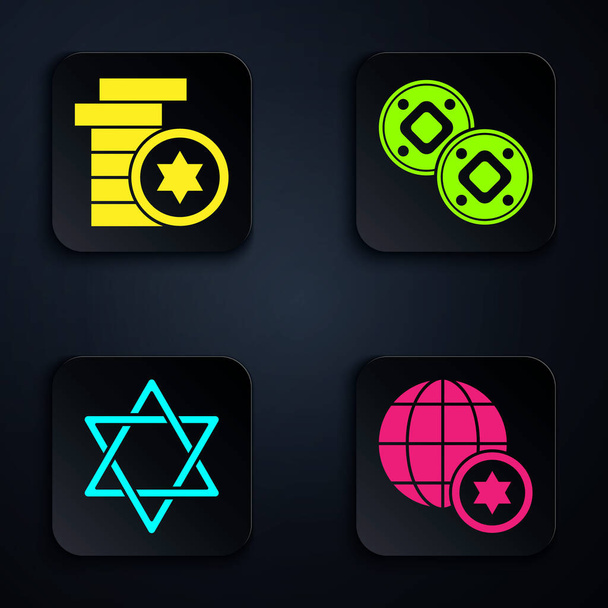 Set World Globe and Israel, Jewish coin, Star of David and Jewish coin. Black square button. Vector - Vector, imagen