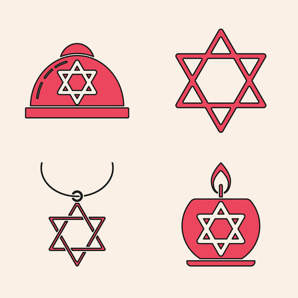 Set Burning candle in candlestick with star of david, Jewish kippah with star of david, Star of David and Star of David necklace on chain icon. Vector - ベクター画像