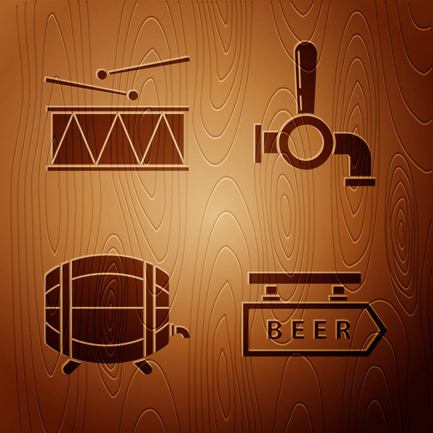 Σετ Street signboard με επιγραφή Μπύρα, τύμπανο μουσικών οργάνων και drum sticks, Ξύλινη κάννη σε σχάρα με στρόφιγγα και βρύση μπύρας σε ξύλινο φόντο. Διάνυσμα - Διάνυσμα, εικόνα